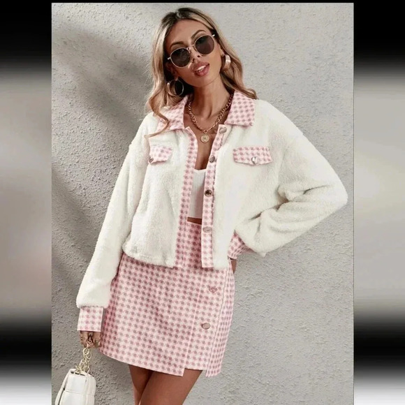 Houndstooth Panel Drop Shoulder Flannel Jacket & Skirt - Picture 1 of 7